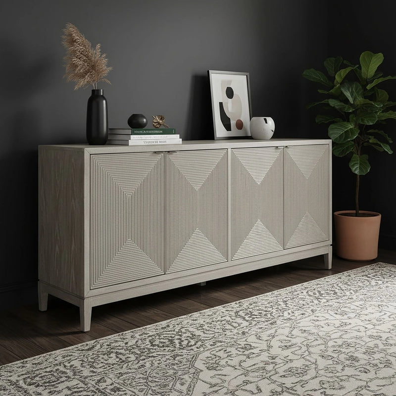Kinsley 4 Door Accent Cabinet in Washed Taupe & Silver Champagne EST SHIP TIME APPX 4 WEEKS image