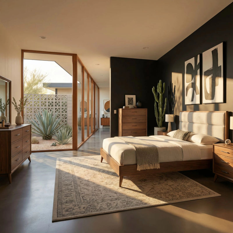 Century Modern Uph Platform Bed, Dresser & Mirror, Night Stand image